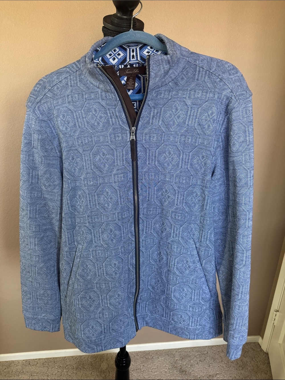 Tasso Elba Navy and Light Blue Geometric Knit Top M